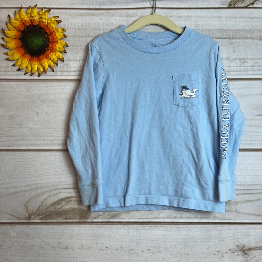 Vineyard Vines Boys Long Sleeve T-Shirt Snowman Whale Pocket Tee‎ Blue 4T